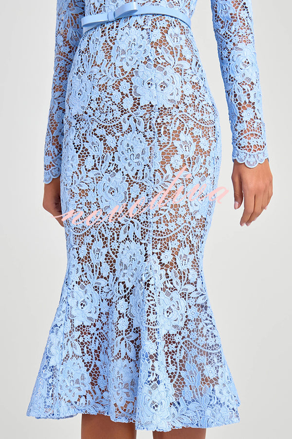Feminine and Elegant Flower Lace Long Sleeve Bow Belted Flare Midi Dress