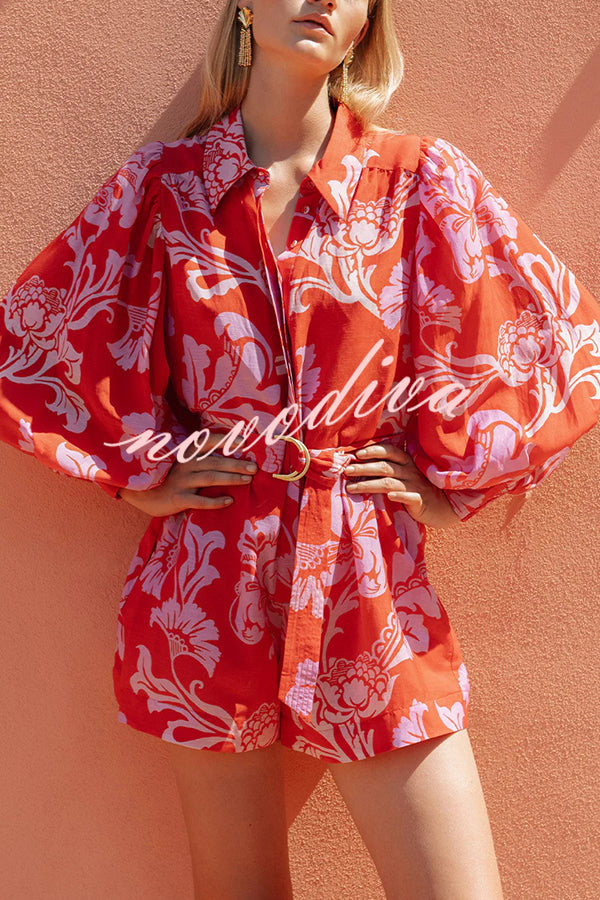 Linen Blend Botanical Print Lapel Puff Sleeve Loose Tie Casual Rompers