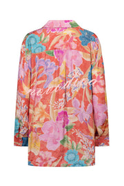 Painter's Garden Boho Floral Print Button Long Sleeve Relaxed Blouse