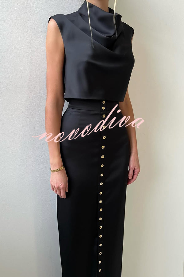 Solid Color Casual Sleeveless Crop Top and Elegant Button-down Maxi Skirt Set