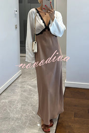 Lainei Contrast Color Satin Lace Trim V-neck Long Sleeve Maxi Dress