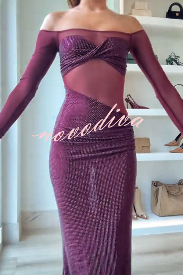 Forever Shimmering Sequin Mesh Patchwork Long Sleeve Strapless Stretch Maxi Dress