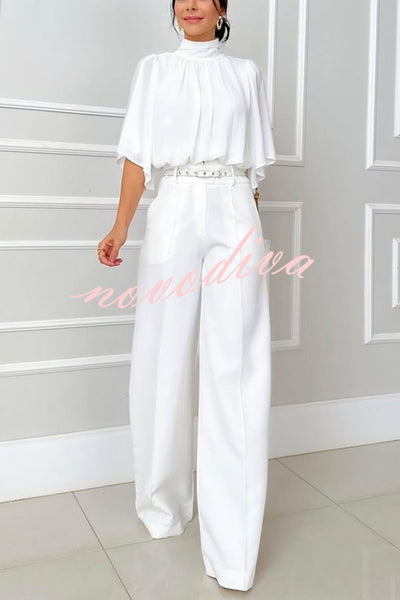 Solid Color Turtleneck Loose Top and Casual Pocket Straight-leg Pants Set