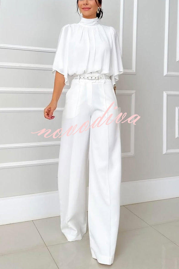 Solid Color Turtleneck Loose Top and Casual Pocket Straight-leg Pants Set