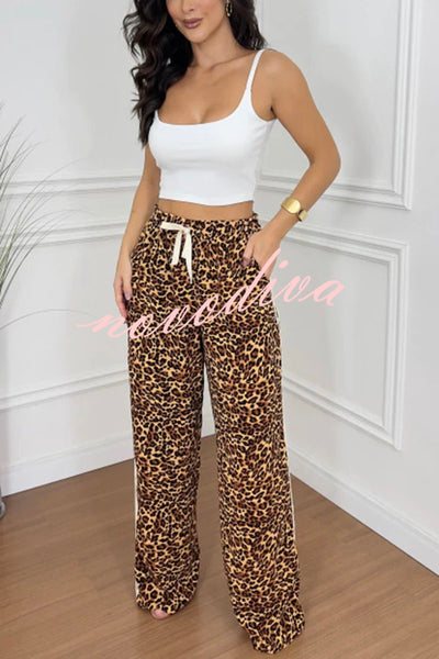 Sporty Fashion Leopard Stripe Print Elastic Waist Pocketed Wide Leg Pants