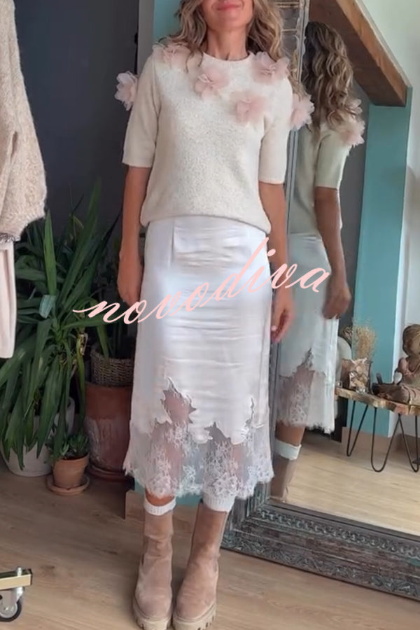 Alboran Knit Organza Flowers Detail Short Sleeve Loose Sweater