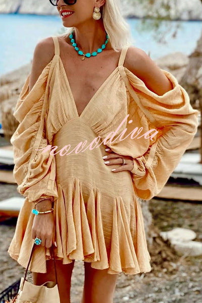 Anita Cold Shoulder Ruched Balloon Sleeve Pleated Hem Loose Mini Dress