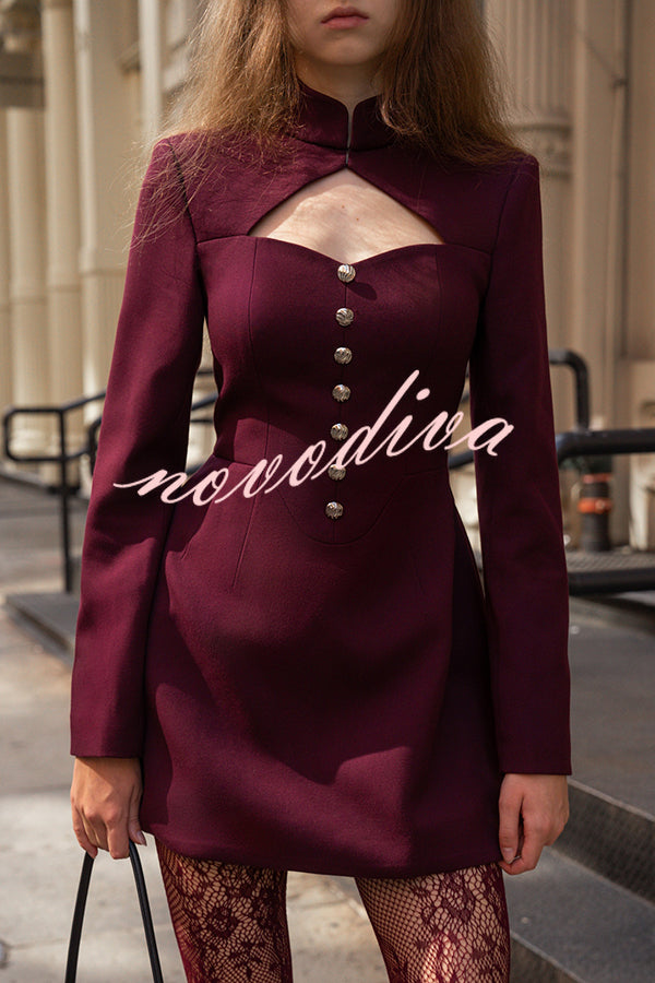 Elegant Long-sleeved Hollowed-out Button-down Slim-fit Mini Dress
