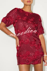 Feeling Exquisite Sequin-embellished Rose Texture Short Sleeve H-line Mini Dress