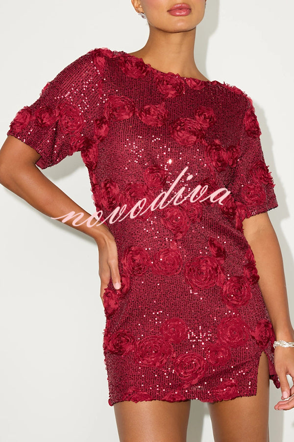 Feeling Exquisite Sequin-embellished Rose Texture Short Sleeve H-line Mini Dress