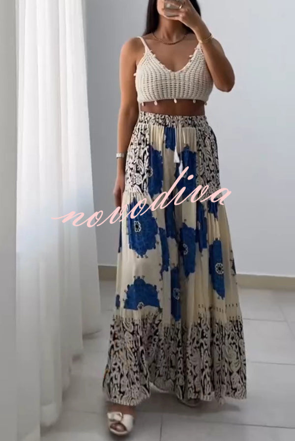 Unique Print Elastic High Waist Tie Pocket Holiday Style Wide Leg Pants