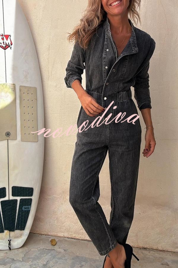 Carey Denim Button Up Long Sleeve Elastic Waist Pocketed Loose Jumpsuit