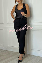 Social Time High Rise Elastic Zipper Waist Pocket Straight-leg Pants
