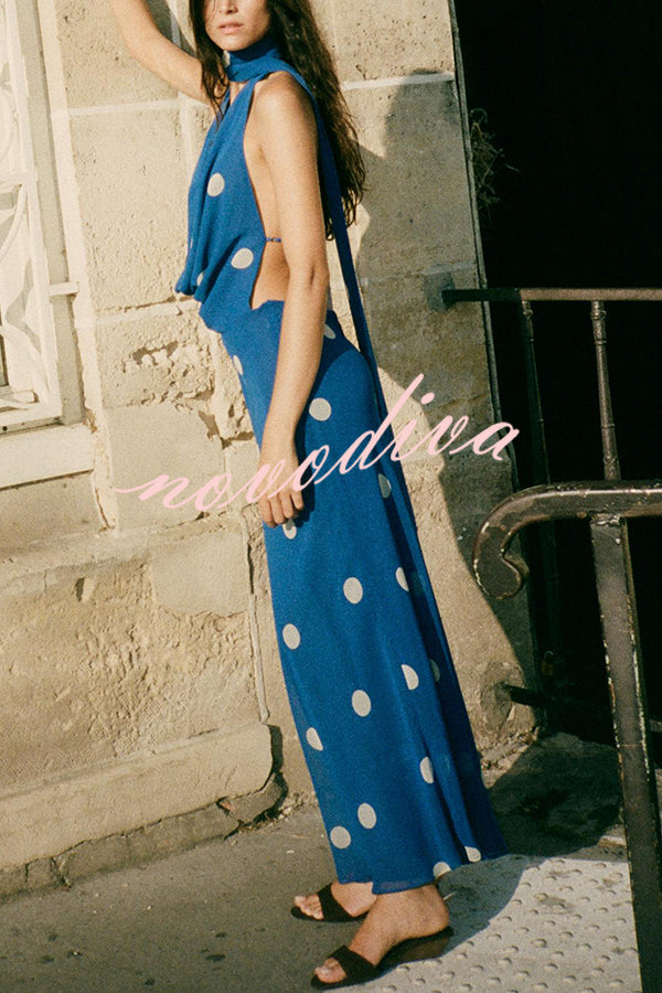 Fashion Polka Dot Print Sexy Halter Neck Backless Maxi Dress