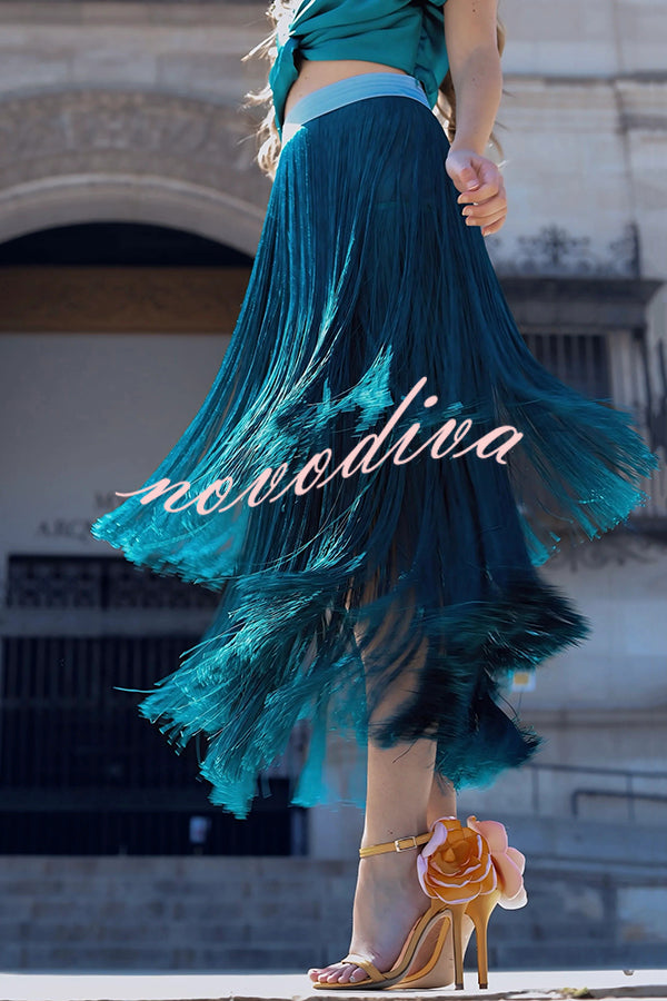 Elegant Tassel Hem Elastic Waist Casual Maxi Skirt