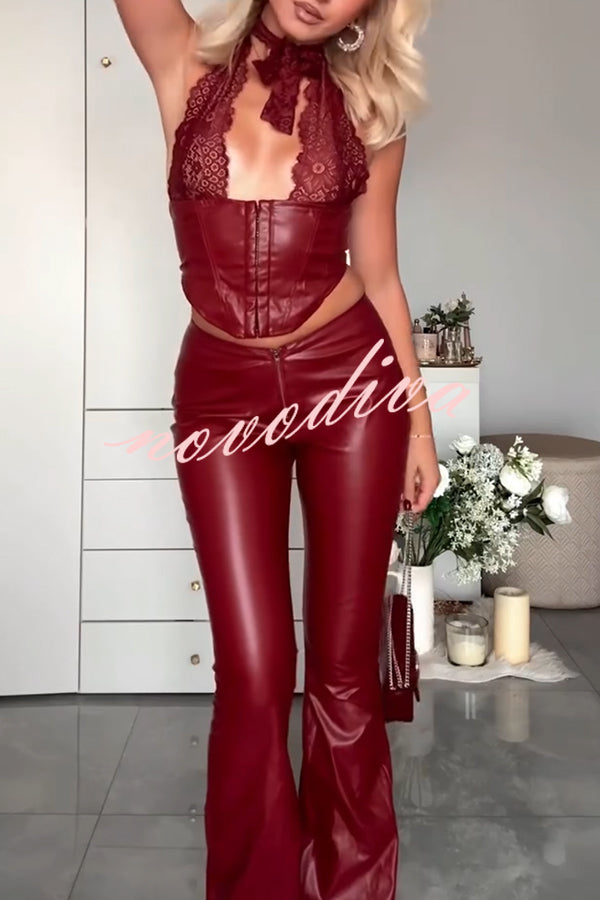 Style Challenge Stretch Faux Leather Lace Halter Tank and Zipper Waist Flare Pants Set