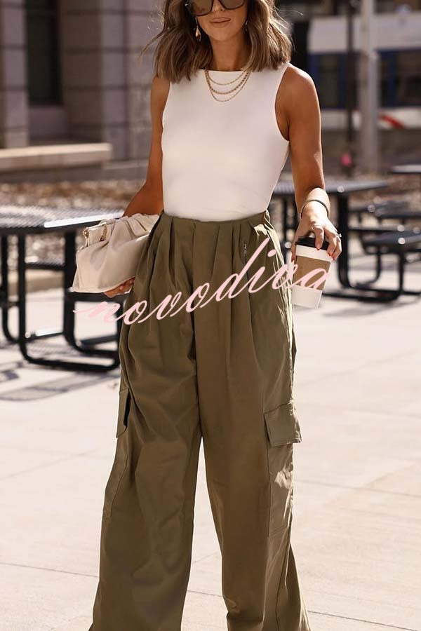 Great Week Pleated Elastic Waist Zipper Pocket Wide Leg Cargo Pants