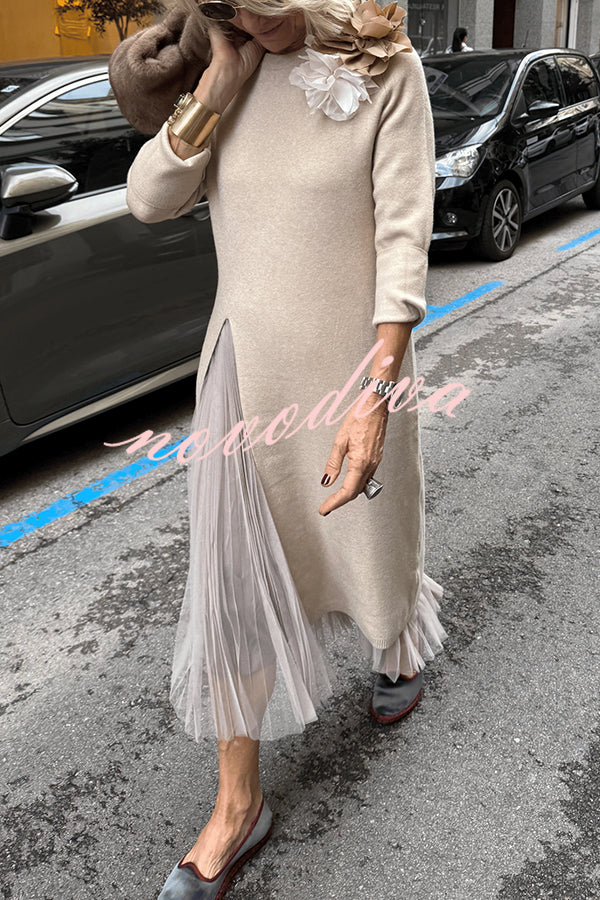 Jollie Knit Long Sleeve Front Slit Midi Sweater and Pleated Tulle Stretch Tank Midi Dress Two-piece Set