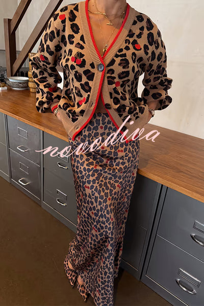 Perfect for Winter Leopard Cherry Print Satin Elastic Waist Draped Maxi Dress