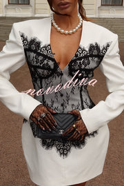 Saela Contrast Lace Corset Design V-neck Long Sleeve Tulip Mini Dress