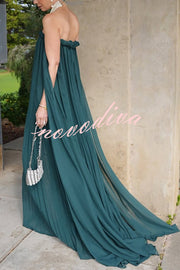 Fairy Spirit Tulle Braided Neckline Tie Arm Straps Pleated Maxi Dress