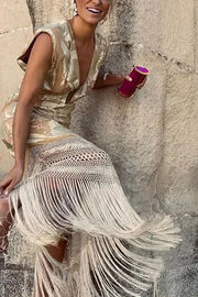 Hot Stamping Floral V-neck Lace-up Fringed Hem Maxi Dress