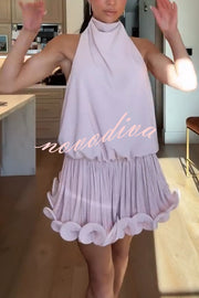 Ballerina Chic High Cowl Neck Pleated Wavy Ruffles Hem Backless Mini Dress