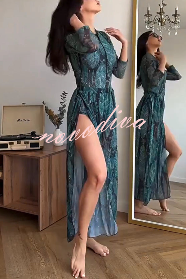 Unique Print One-piece Swimsuit and Cardigan and High Rise Pants Three-piece Set