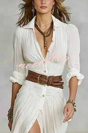Fashion Lapel Single-breasted Waist Shirt-style Maxi Dress