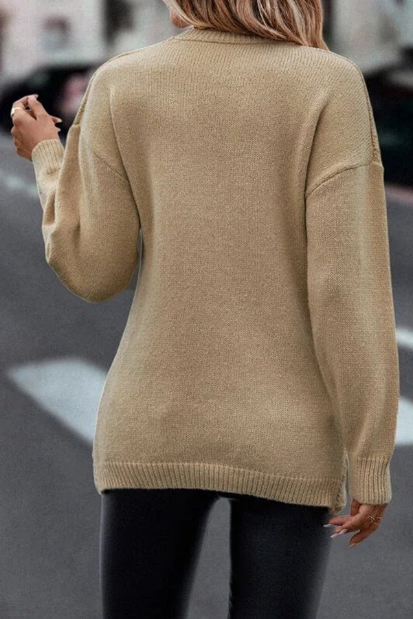 Solid Color V Neck Cross Jacquard Long Sleeved Sweater