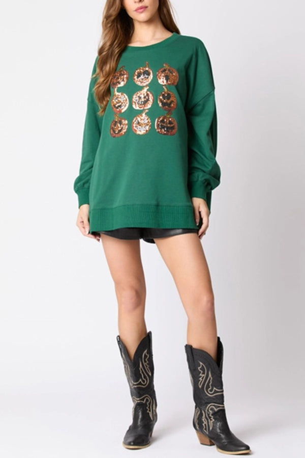 Halloween Pumpkin Sequin Loose Casual Sweatshirt