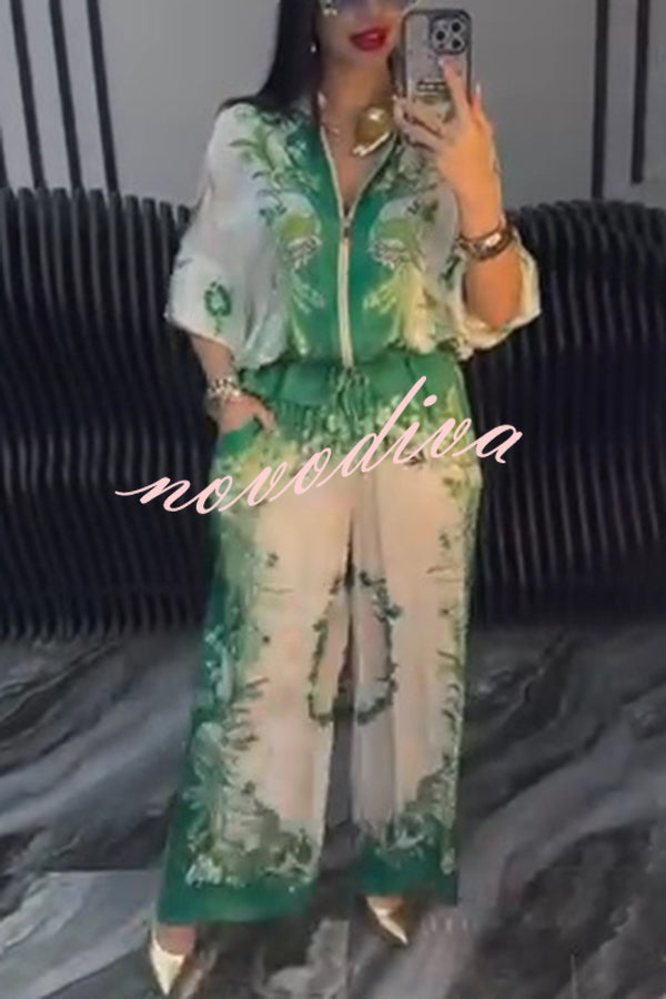 Unique Printed Casual Long-sleeved Loose Top and Elastic Waist Pocket Wide-leg Pants Set