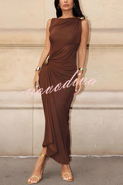 Fashionable Metallic Embellishments Pleated Sleeveless Slim-fit Maxi Dress