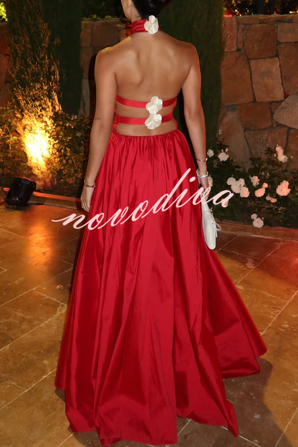Festive Red Satin Floral Details Open Back Halter Elastic Waist Maxi Dress