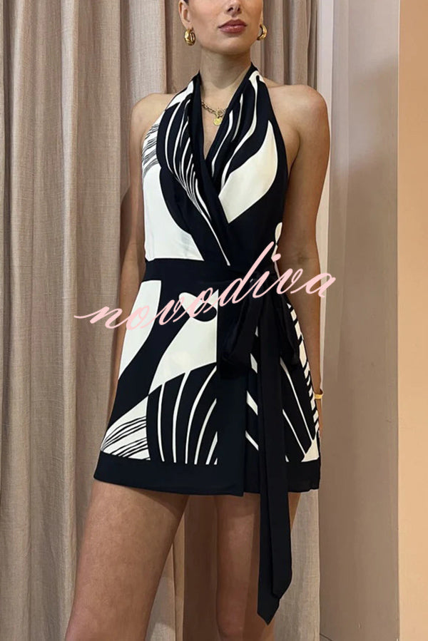 Unique Printed Open Back Waist Tie Holiday Mini Dress