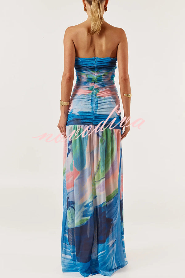 Colorful Ocean Mesh Printed Twist Cutout Off Shoulder Vacation Maxi Dress