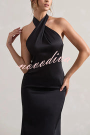 Solid Color Halter Neck Tie Sexy Backless Slim Maxi Dress