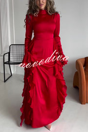 Cline Solid Color High Neck Long Sleeve Elegant Ruffles Maxi Dress