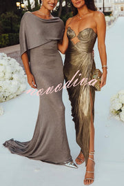 Amisha Metallic Pleated Shell Cups Hollow Gold Pendant Strapless Drape Slit Maxi Dress
