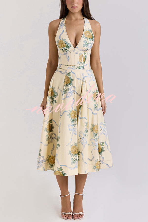 Resort Star Floral Print Waist Halterneck Tie Pocket Midi Dress