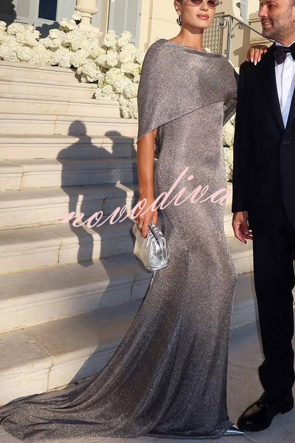 Fit and Elegance Fine Shimmering Fabric Open Cowl Back Draped Neckline Maxi Dress
