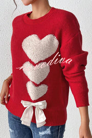 Love Jacquard Loose Cute Bowknitted Long Sleeve Sweater