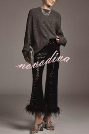 New Year Eve Sequin Feather Trim High Rise Back Zipper Flare Pants