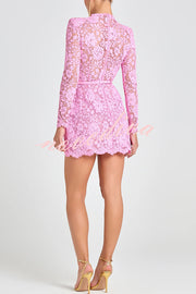 Champagne Toast Flower Lace Long Sleeve Bow Belted Mini Dress