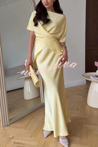 Secret of Elegance Satin Slit Back Lace-up Top and Elastic Waist Flare Maxi Skirt Set