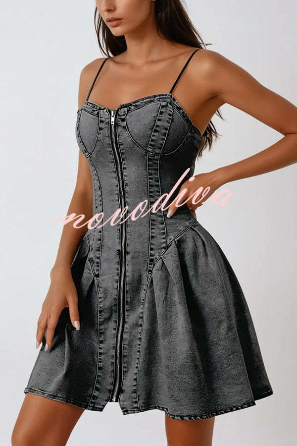 Fashionable Patchwork Suspender Zipper Slim Denim Mini Dress