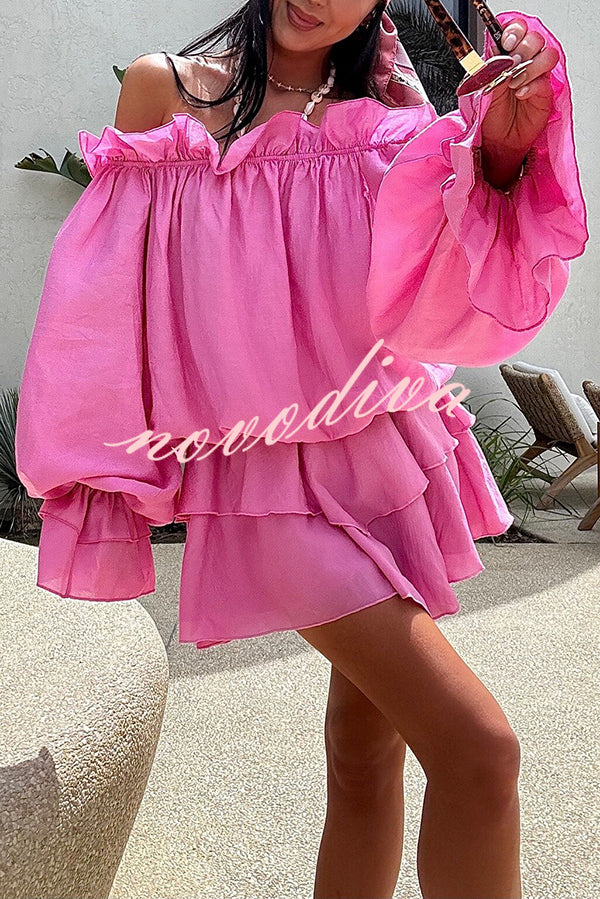 Arnell Linen Blend Off Shoulder Balloon Sleeve Shirt and Elastic Waist Layered Shorts Set