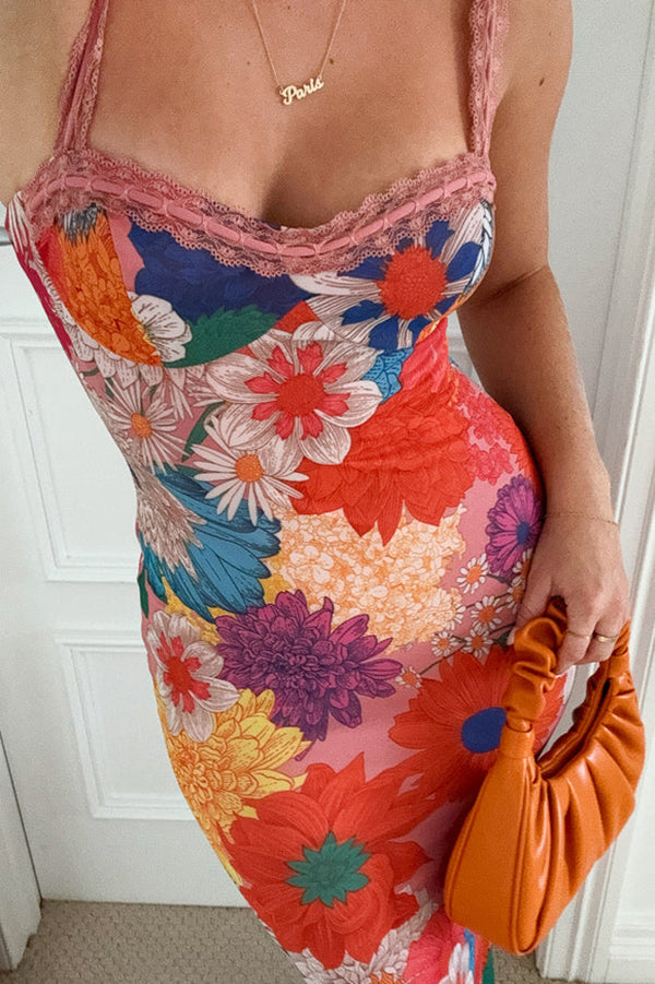 Floral Print Lace Trim Sexy Strapless Backless Slim Fit Maxi Dress