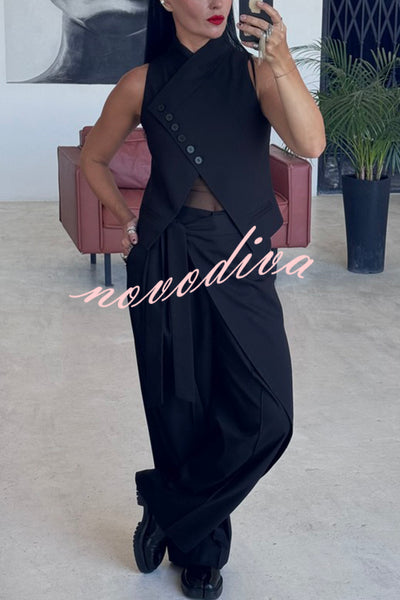Urban Charm Wrap Tie-up Elastic Waist Pocketed Wide Leg Pants
