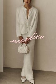 Solid Color Long-sleeved Button-pocket Knitted Jacket and Elegant Long Skirt Set